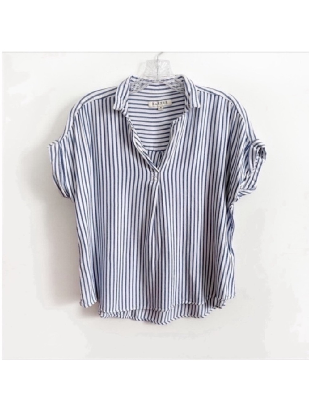 Harper Francesca's blouse white blue striped dolman sleeves high low